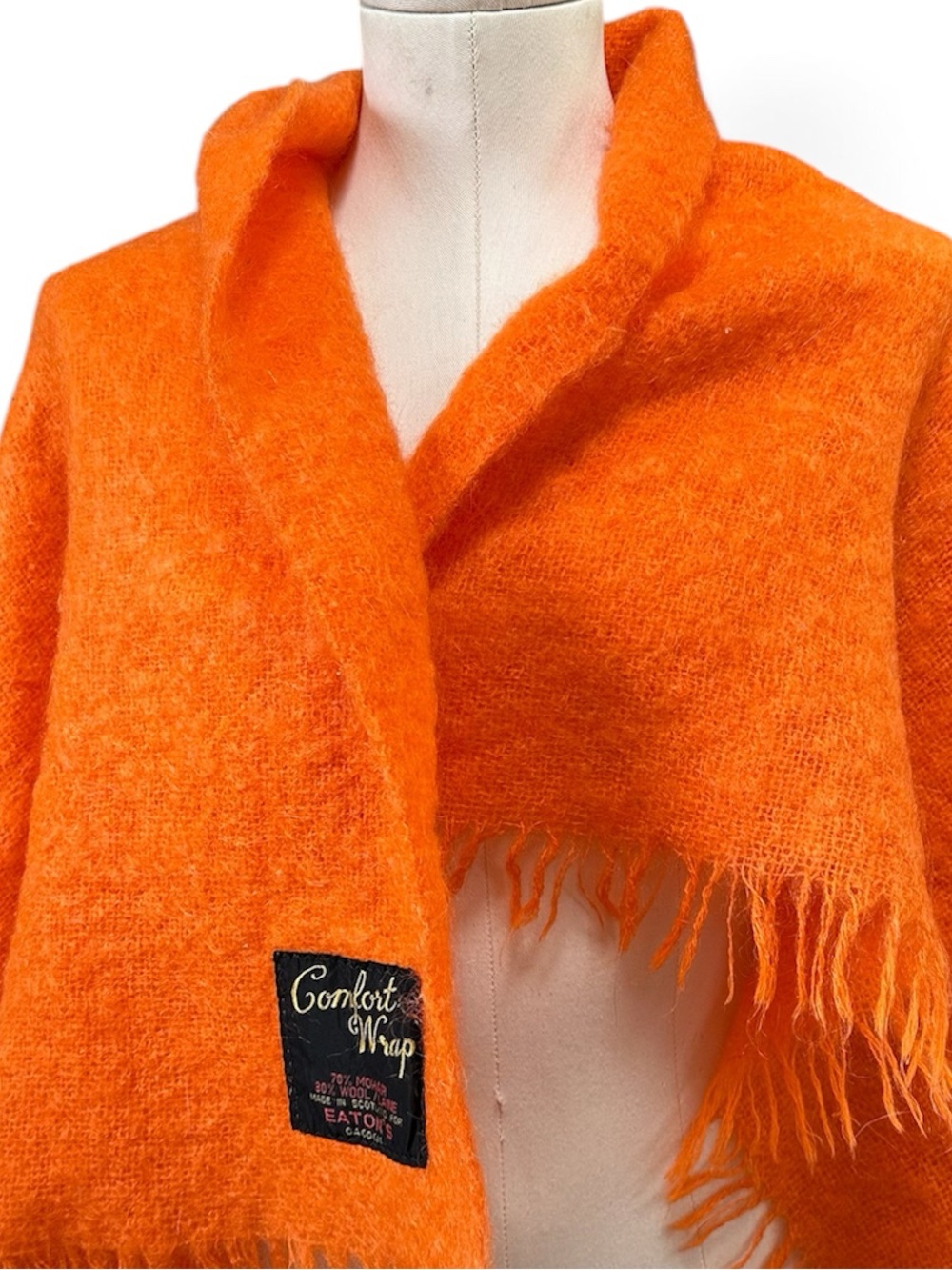 Vintage Eatons Made in Scotland Wool Orange Fringed Shawl Scarf